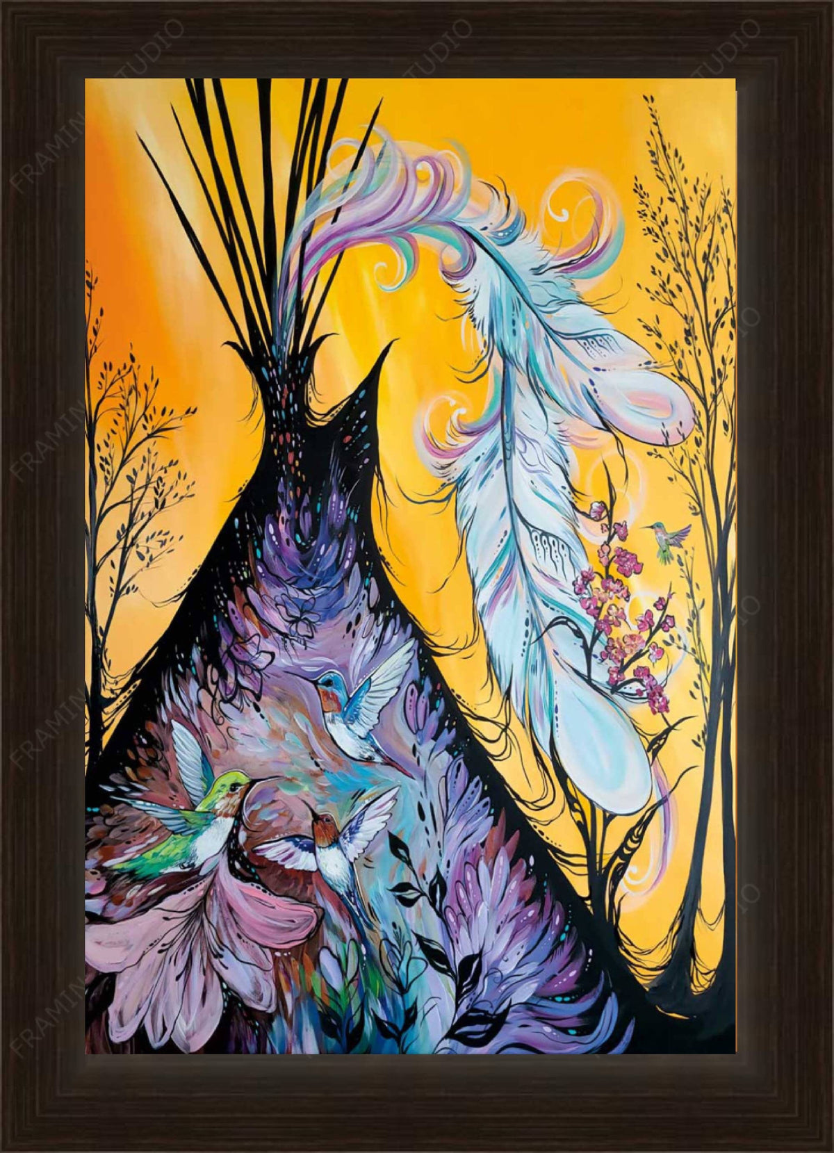 Colibri et tipi par Carla Joseph, gravure d'art autochtone, Premières Nations, culture crie, décor amérindien