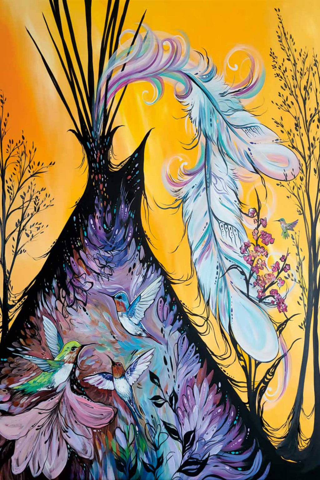 Colibri et tipi par Carla Joseph, gravure d'art autochtone, Premières Nations, culture crie, décor amérindien