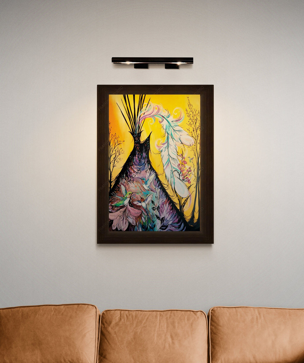 Colibri et tipi par Carla Joseph, gravure d'art autochtone, Premières Nations, culture crie, décor amérindien