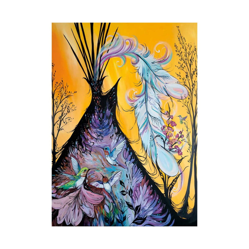Colibri et tipi par Carla Joseph, gravure d'art autochtone, Premières Nations, culture crie, décor amérindien