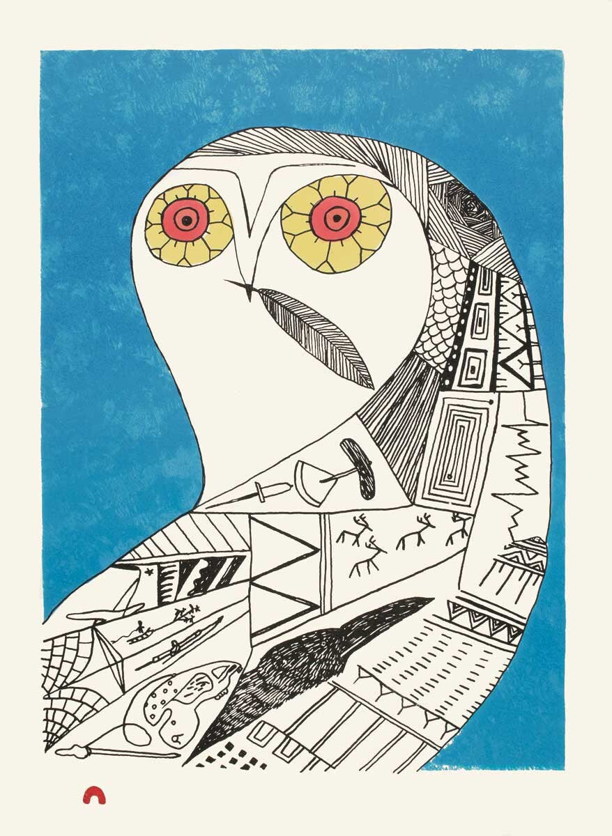 Eclectic Owl par Ningiukulu Teevee, carte d'art autochtone, carte encadrée d'art inuit