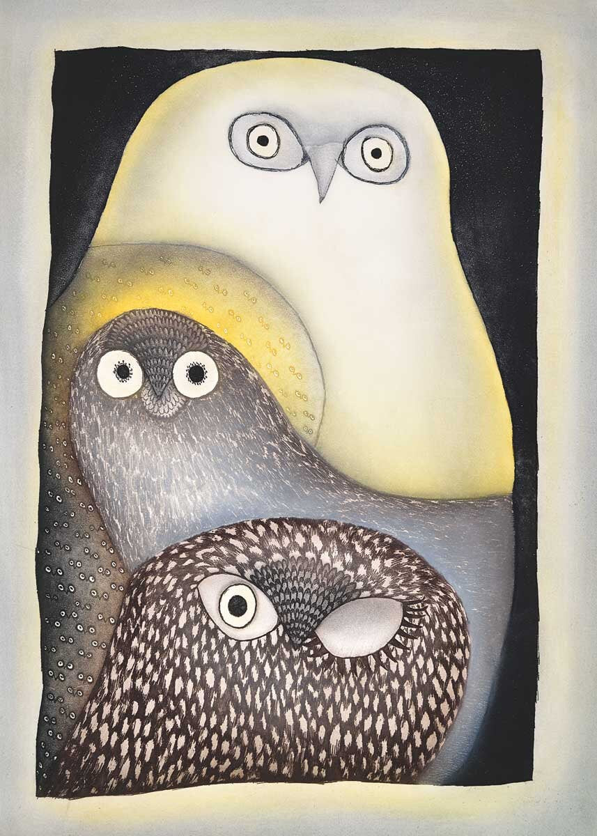 Owls In Moonlight par Ningiukulu Teevee, carte d'art autochtone, carte d'art encadrée inuite