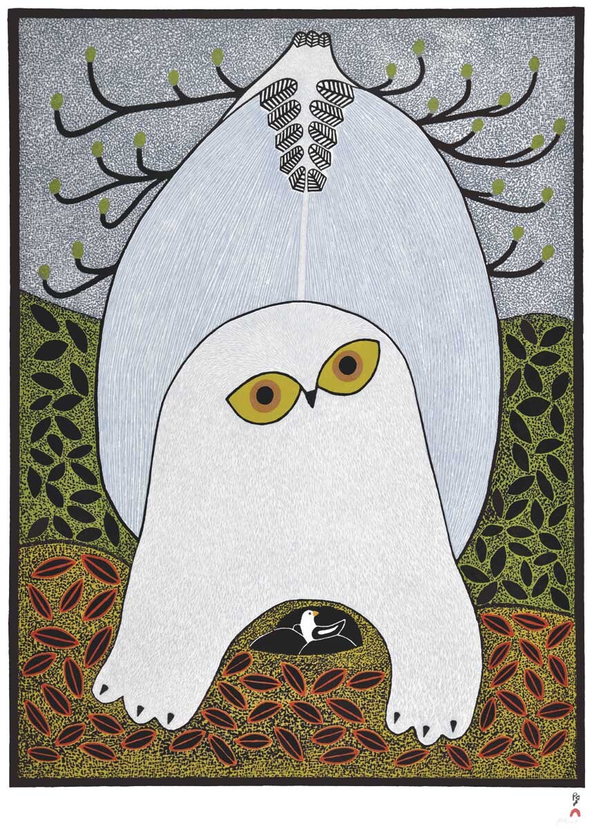 Opulent Owl, 2015 by Ningiukulu Teevee,, Indigenous Art Card, Inuit Framed Art Card