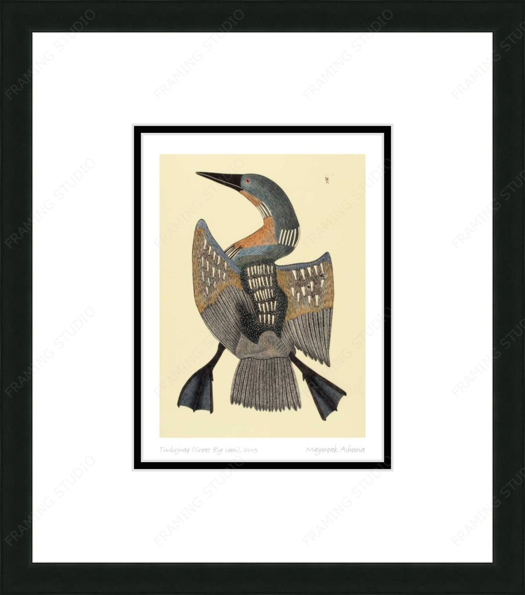 Tuulirjuaq (Grand huard), 2009 par Mayoreak Ashoona, carte d'art autochtone, carte d'art encadrée inuite