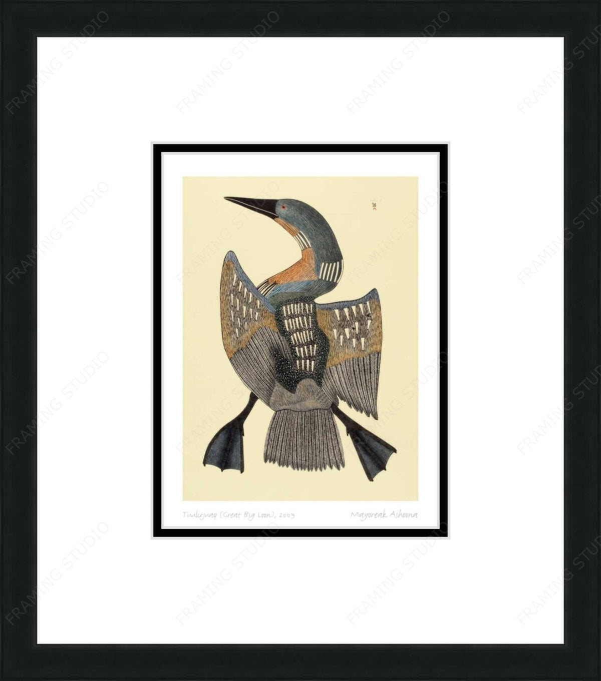 Tuulirjuaq (Grand huard), 2009 par Mayoreak Ashoona, carte d'art autochtone, carte d'art encadrée inuite