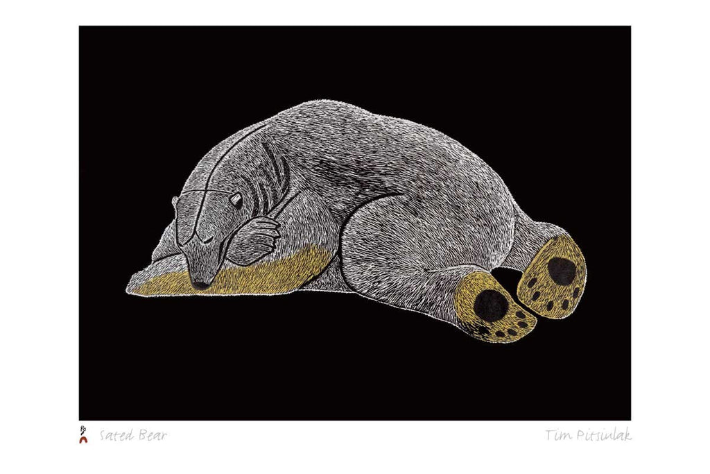 Ours rassasié par Tim Pitsiulak, carte d'art autochtone, carte d'art inuit encadrée
