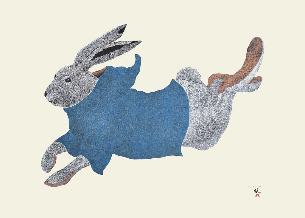 Qimaajuq Ukali (Lapin en course), 2016 par Tim Pitsiulak, carte d'art autochtone, carte d'art inuit encadrée