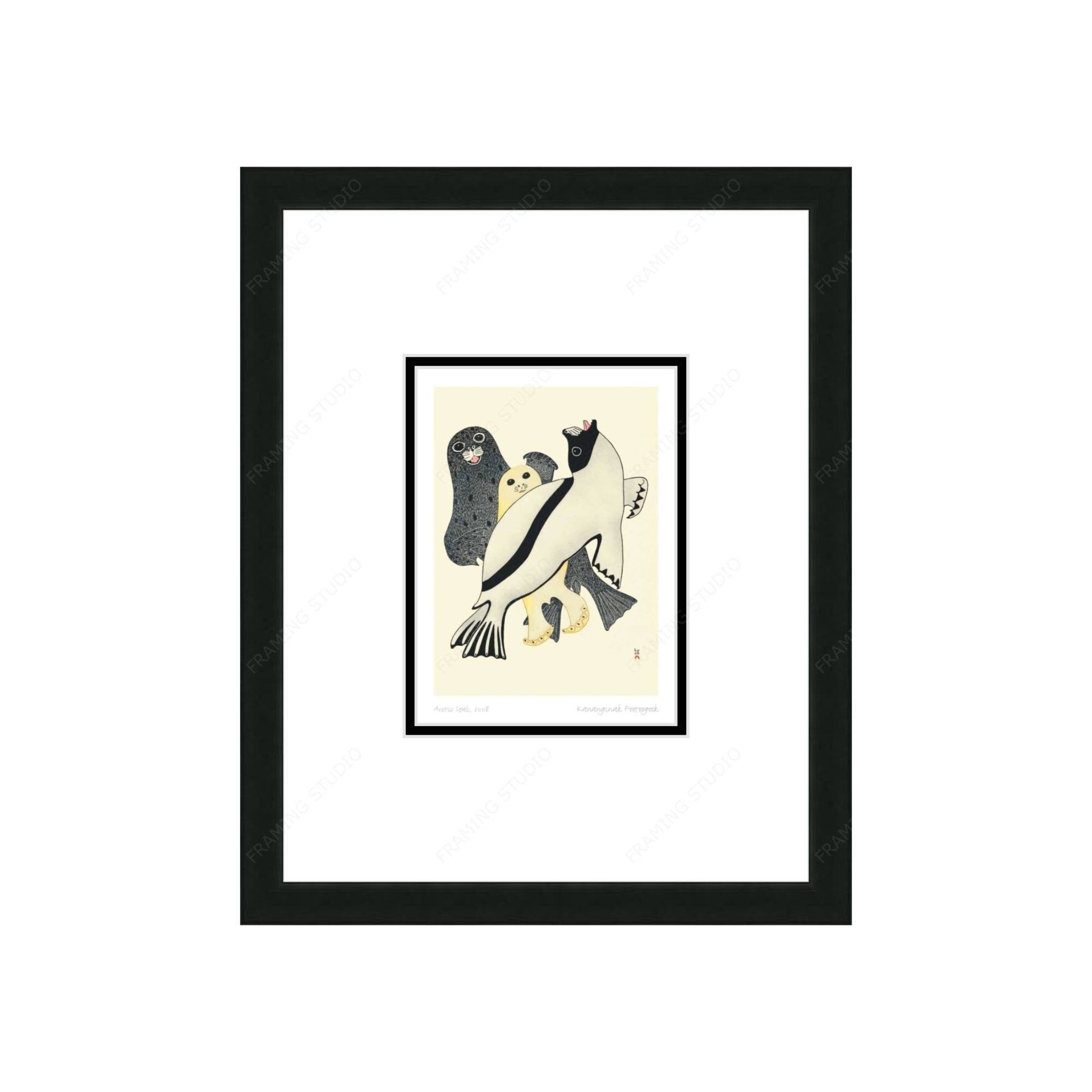 Arctic Seals, 2008 by Kananginak Pootoogook, Indigenous Art Card, Inuit Framed Art Card