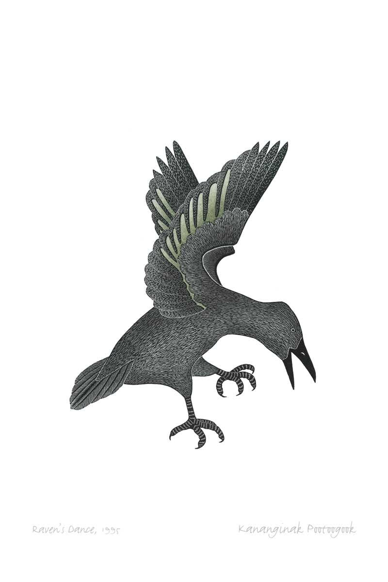 Danse du corbeau, 1995 par Kananginak Pootoogook, carte d'art autochtone, carte d'art inuit encadrée
