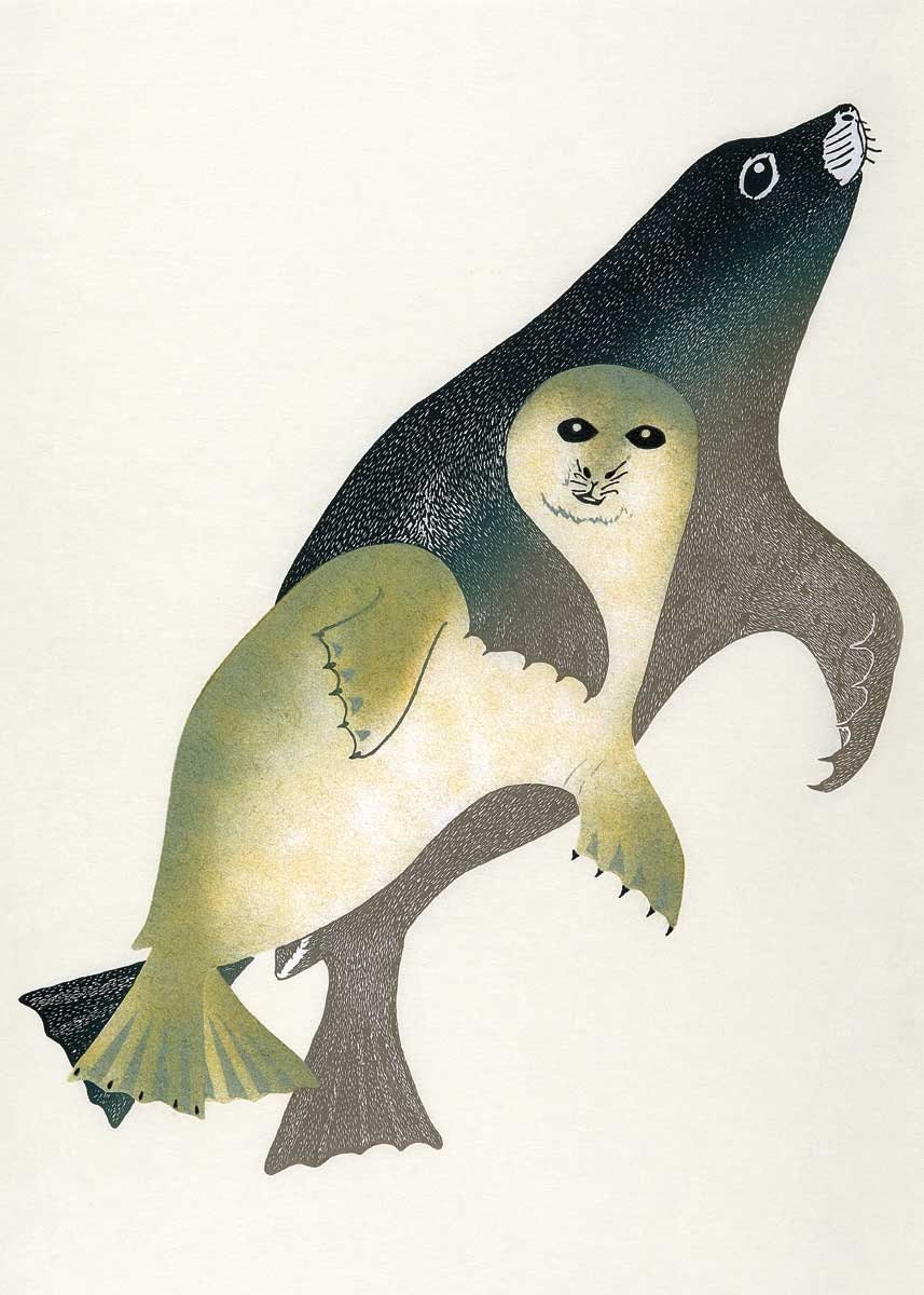 L'étreinte d'une mère par Kananginak Pootoogook, carte d'art autochtone, carte d'art encadrée inuite