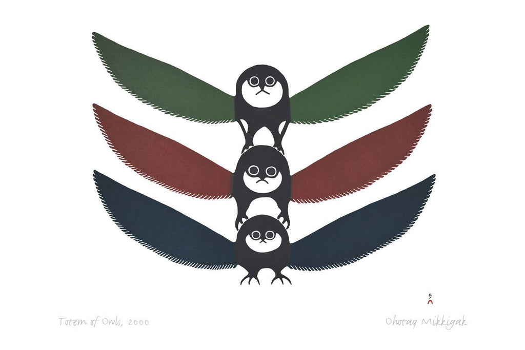 Totem des hiboux, 2000 par Ohotaq Mikkigak, carte d'art autochtone, carte d'art inuit encadrée