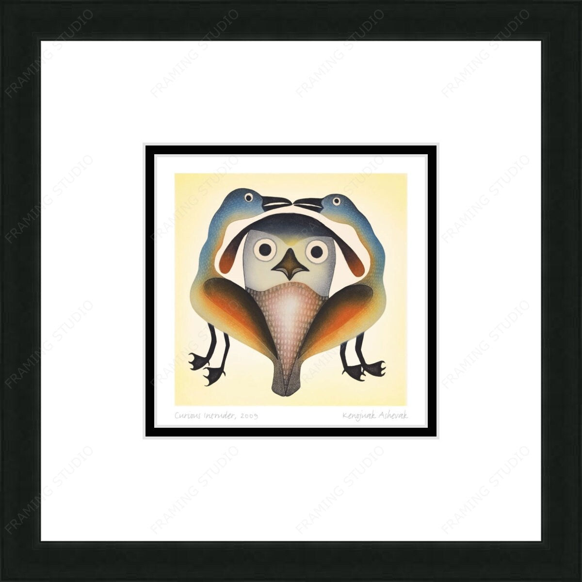 Intrus curieux, 2009 par Kenojuak Ashevak, carte d'art inuit autochtone, décor autochtone, carte d'art encadrée
