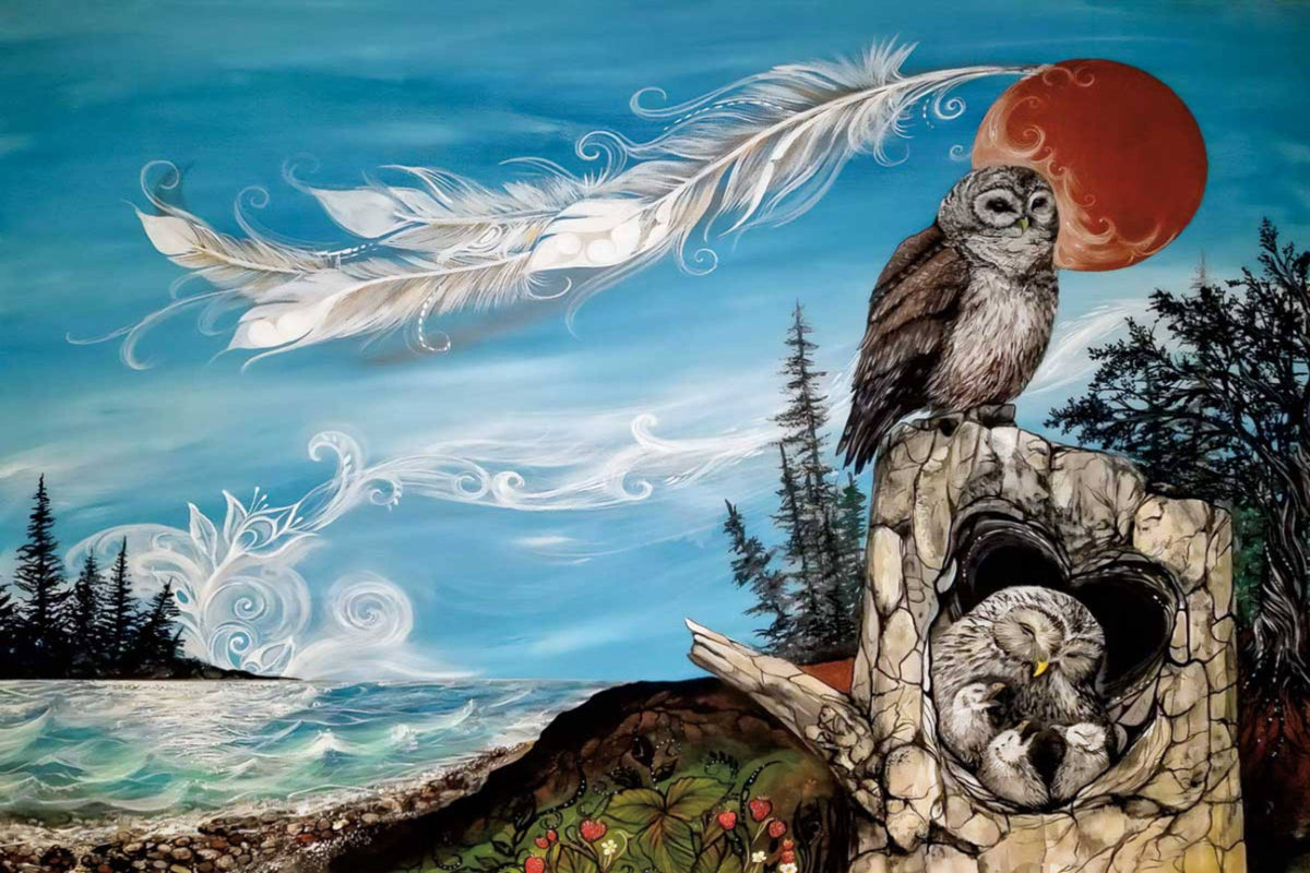 Owl Family par Karen Erickson, impression d'art autochtone, Premières Nations, décor autochtone amérindien