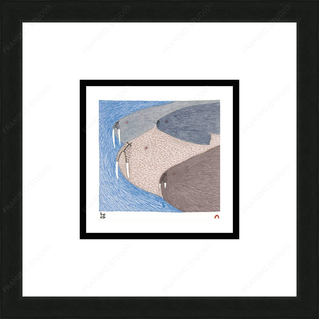 Swimming Walrus by Ningiukulu Teevee,, Indigenous Art Card, Inuit Framed Art Card