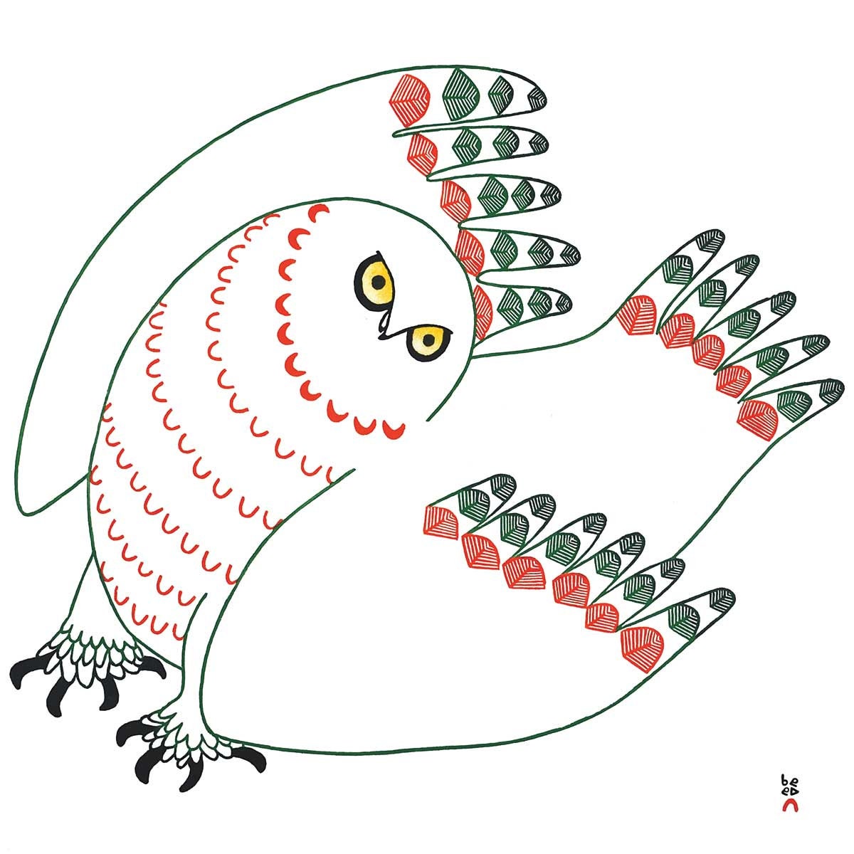 Uppik Quviasuttuq (Hibou festif) par Ningiukulu Teevee, carte d'art autochtone, carte d'art encadrée inuite