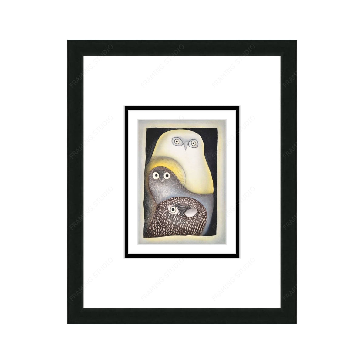 Owls In Moonlight par Ningiukulu Teevee, carte d'art autochtone, carte d'art encadrée inuite
