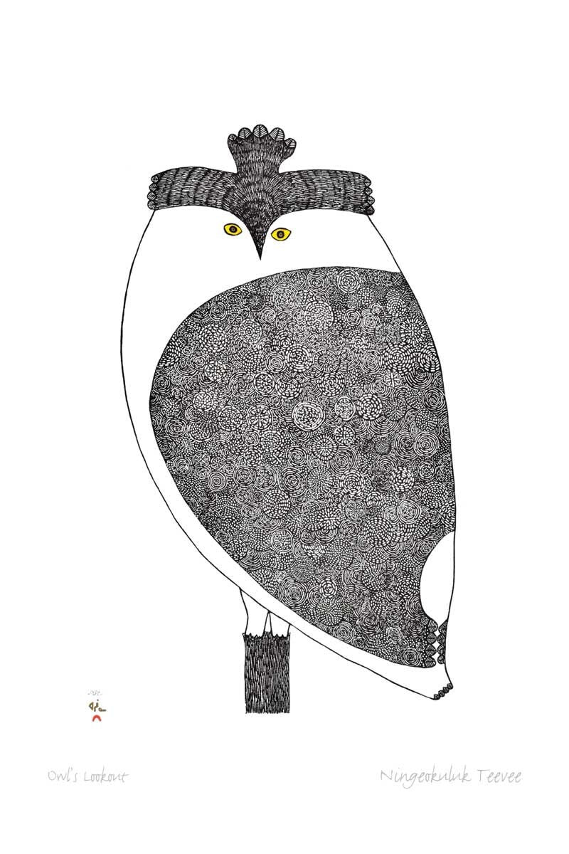 Owl's Lookout par Ningiukulu Teevee, carte d'art autochtone, carte d'art inuit encadrée