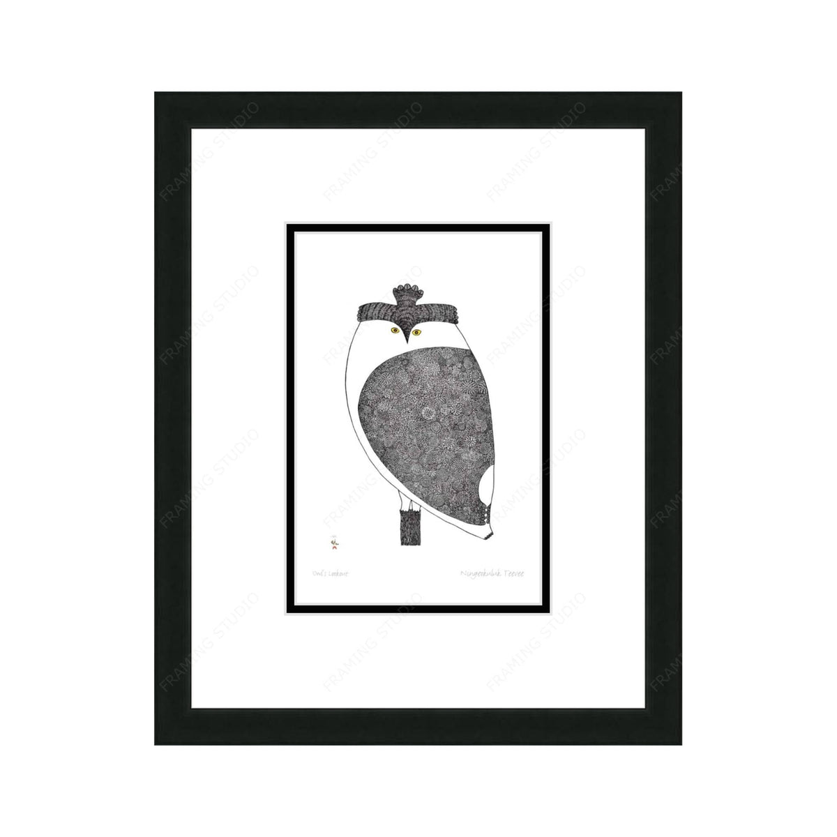 Owl's Lookout par Ningiukulu Teevee, carte d'art autochtone, carte d'art inuit encadrée