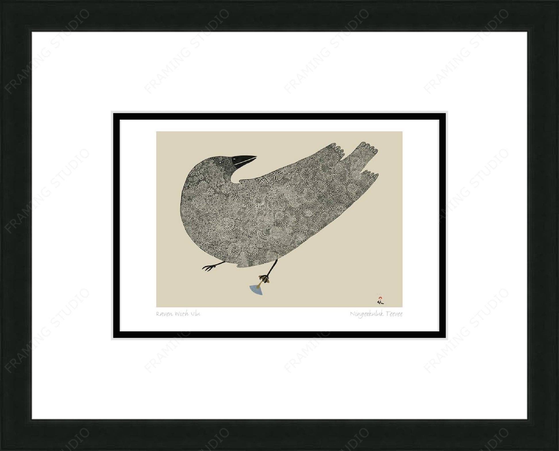 Raven With Ulu by Ningiukulu Teevee, Indigenous Inuit Art Card, Aboriginal Decor, Framed Art Card