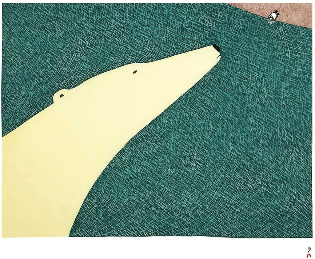 Kiviuq Nanuqlu (Kiviuq et l'ours), 2010 par Ningiukulu Teevee, carte d'art autochtone inuit, décor autochtone, carte d'art encadrée