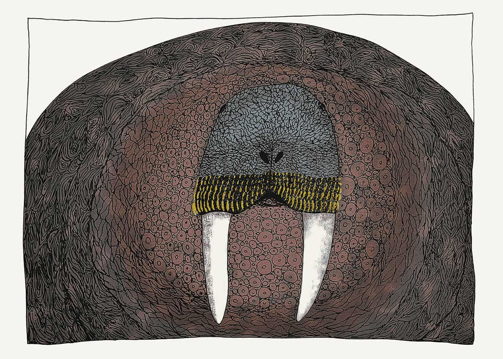 Imposant morse, 2009 par Ningiukulu Teevee, carte d'art inuit autochtone, décor autochtone, carte d'art encadrée
