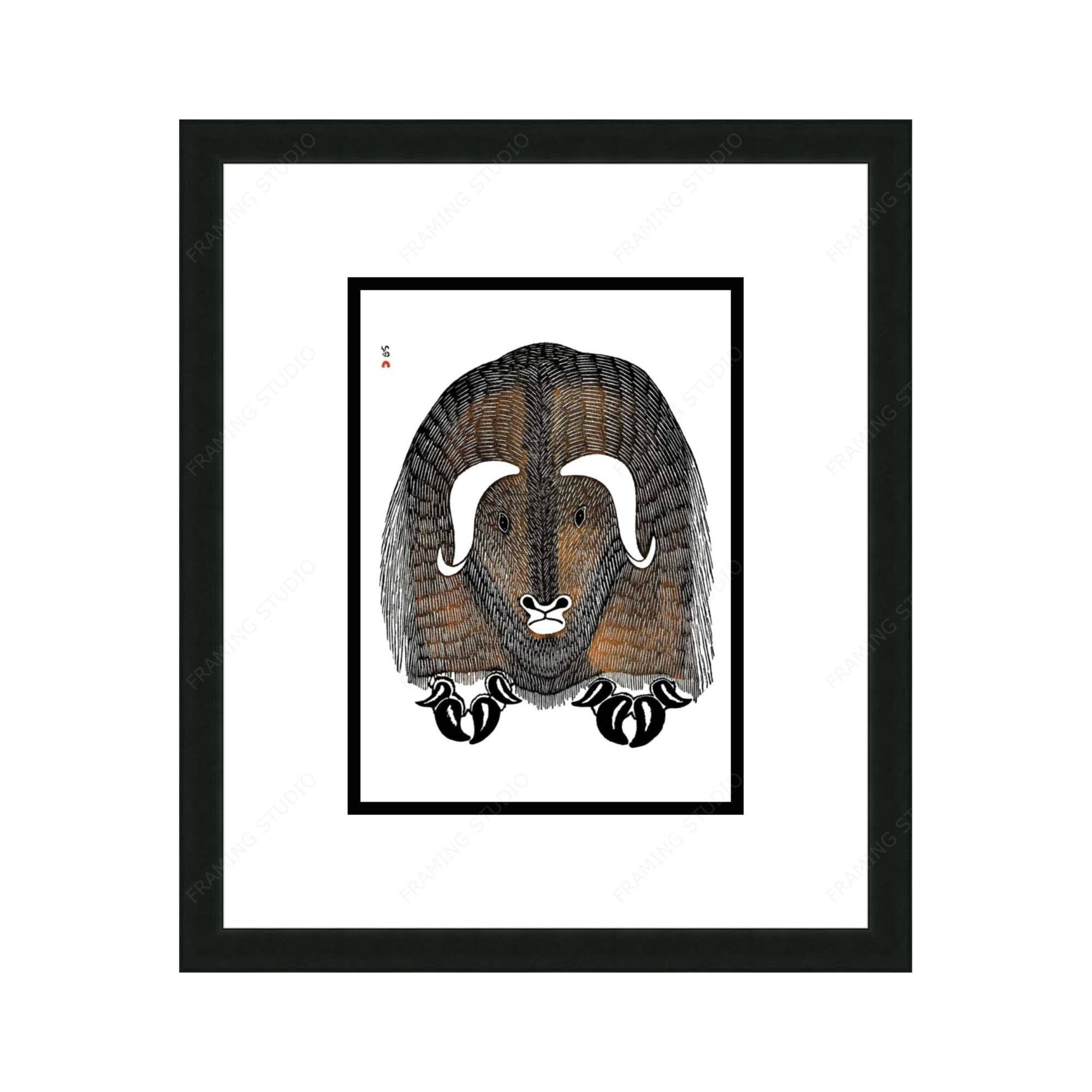 Omingmungjuaq (Humongous Musk Ox), 1977 by Kananginak Pootoogook, Indigenous Art Card, Inuit Framed Art Card