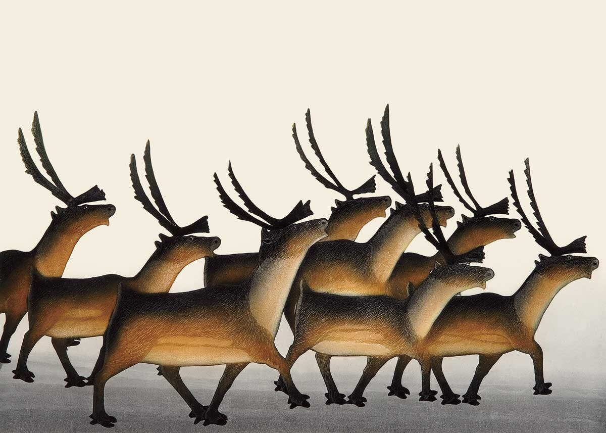 Steadfast Herd par Kananginak Pootoogook, carte d'art autochtone, carte d'art inuit encadrée