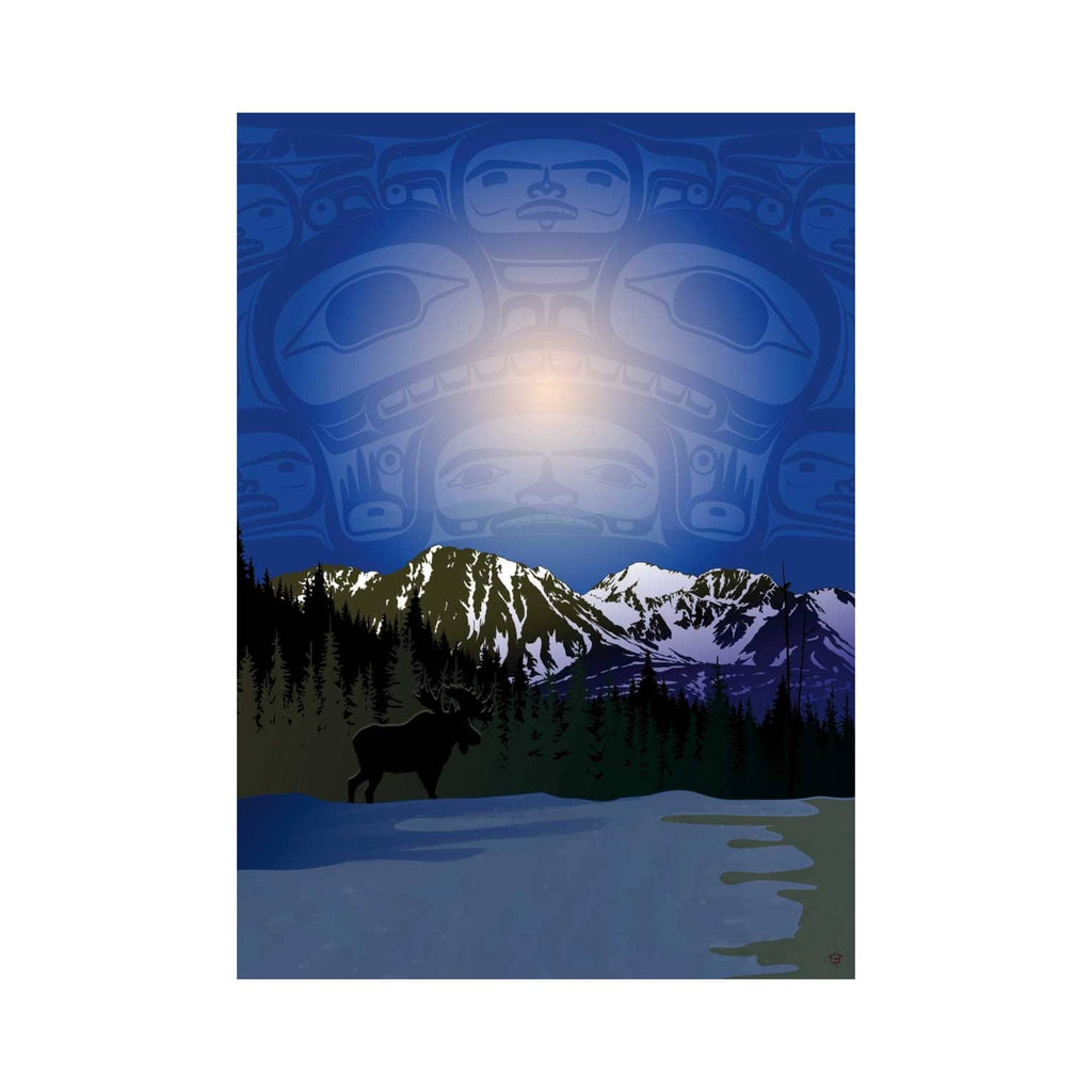 Scène de nuit froide par Mark Preston, gravure d'art autochtone, Premières Nations, Amérindiens, Tlingit, Territoire du Yukon, art encadré