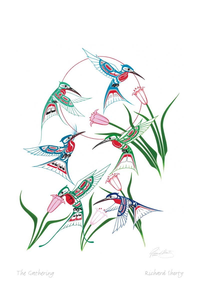Le Rassemblement par Richard Shorty, carte d'art autochtone, carte d'art encadrée colibri