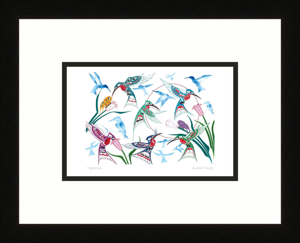 Garden of Hummingbirds by Richard Shorty, Indigenous Art Card, Hummingbird Framed Art Card