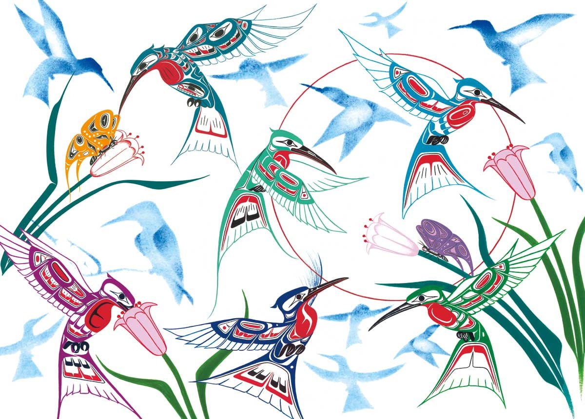 Garden of Hummingbirds by Richard Shorty, Indigenous Art Card, Hummingbird Framed Art Card