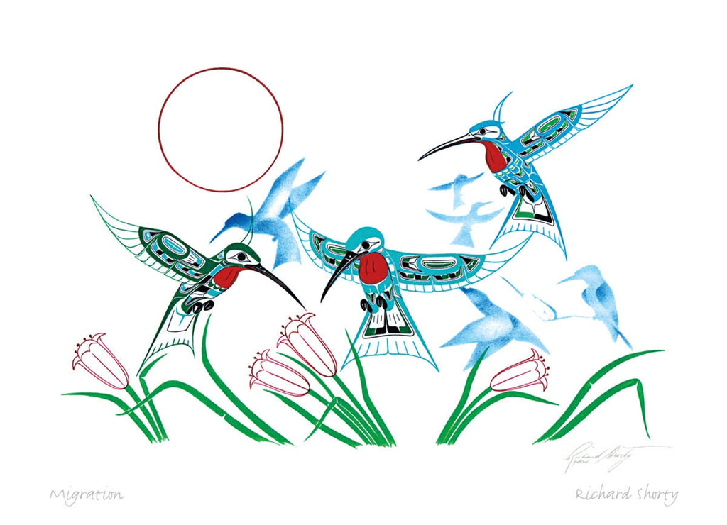 Migration par Richard Shorty, carte d'art autochtone, colibri, carte d'art encadrée