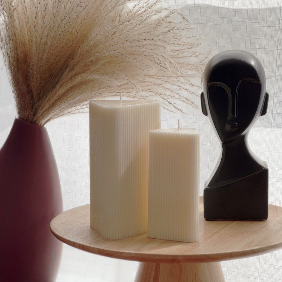 Ribbed Triangular Pillar Soy Wax Candle Set | Unscented Decorative Candles