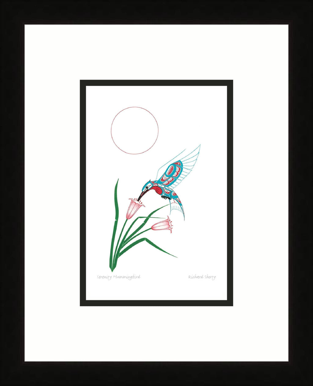 Colibri de sérénité par Richard Shorty, carte d'art autochtone, carte d'art encadrée avec colibri