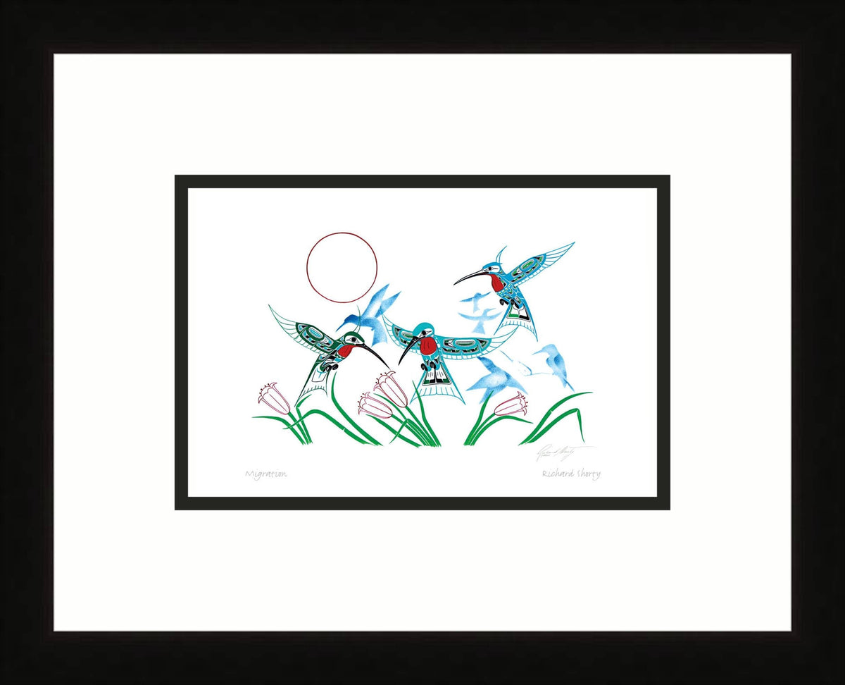 Migration par Richard Shorty, carte d'art autochtone, colibri, carte d'art encadrée