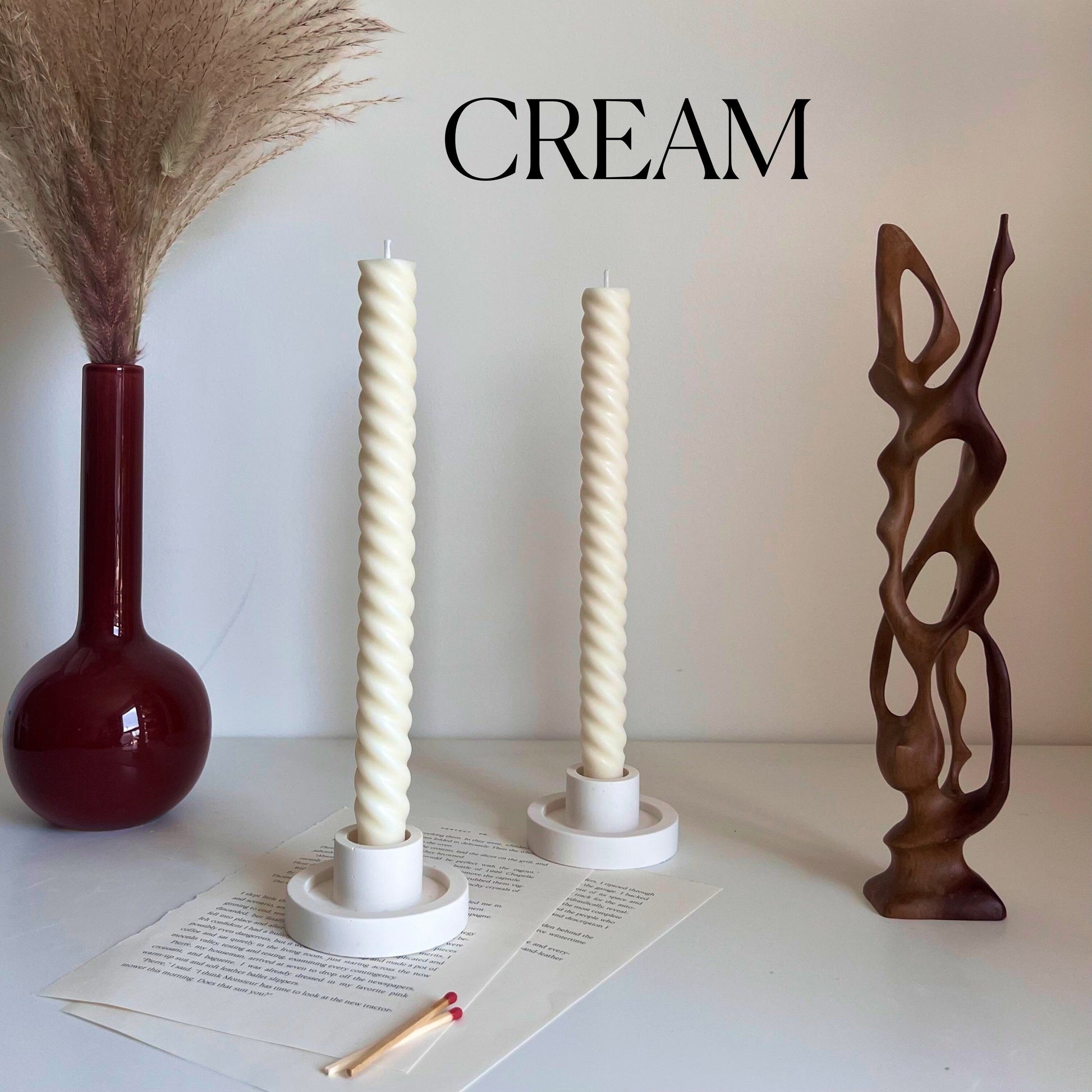 Tall Twisted Soy Wax Taper Candle: Handmade Pastel Decor