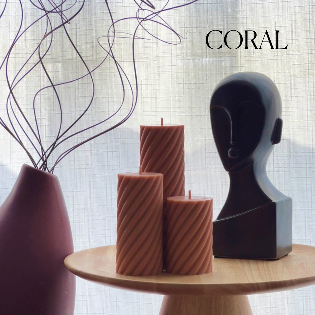 Soy Wax Ribbed Swirl Pillar Candle Set | Unscented Decorative Candles