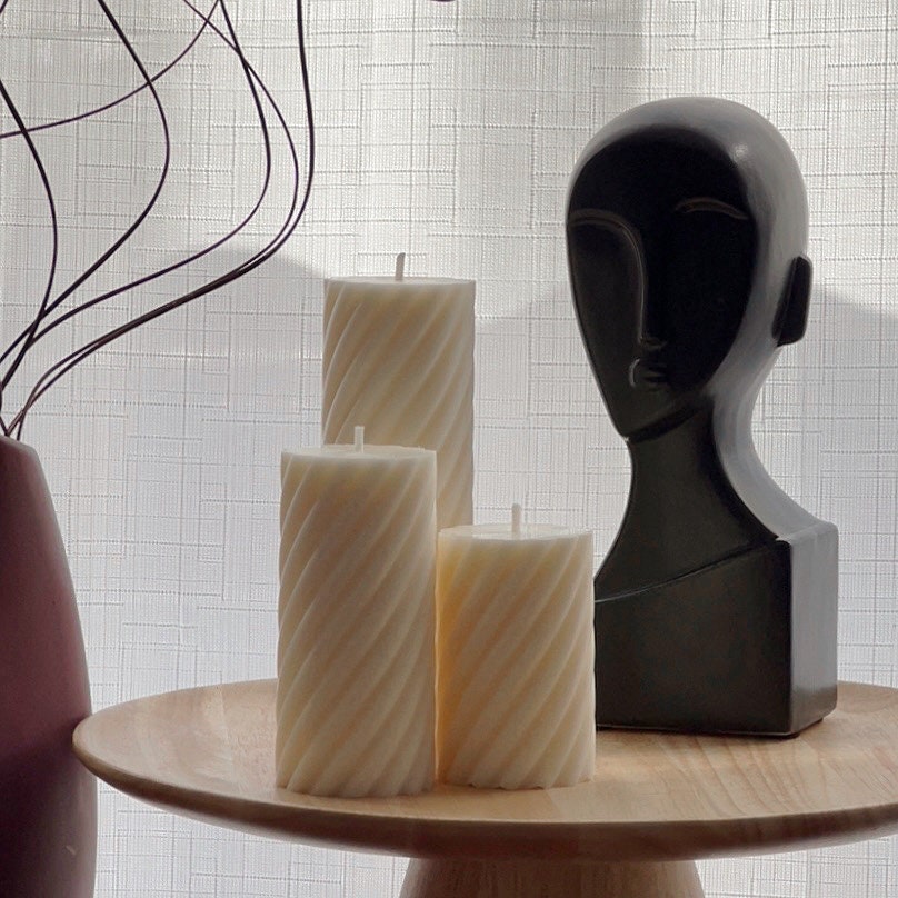 Soy Wax Ribbed Swirl Pillar Candle Set | Unscented Decorative Candles