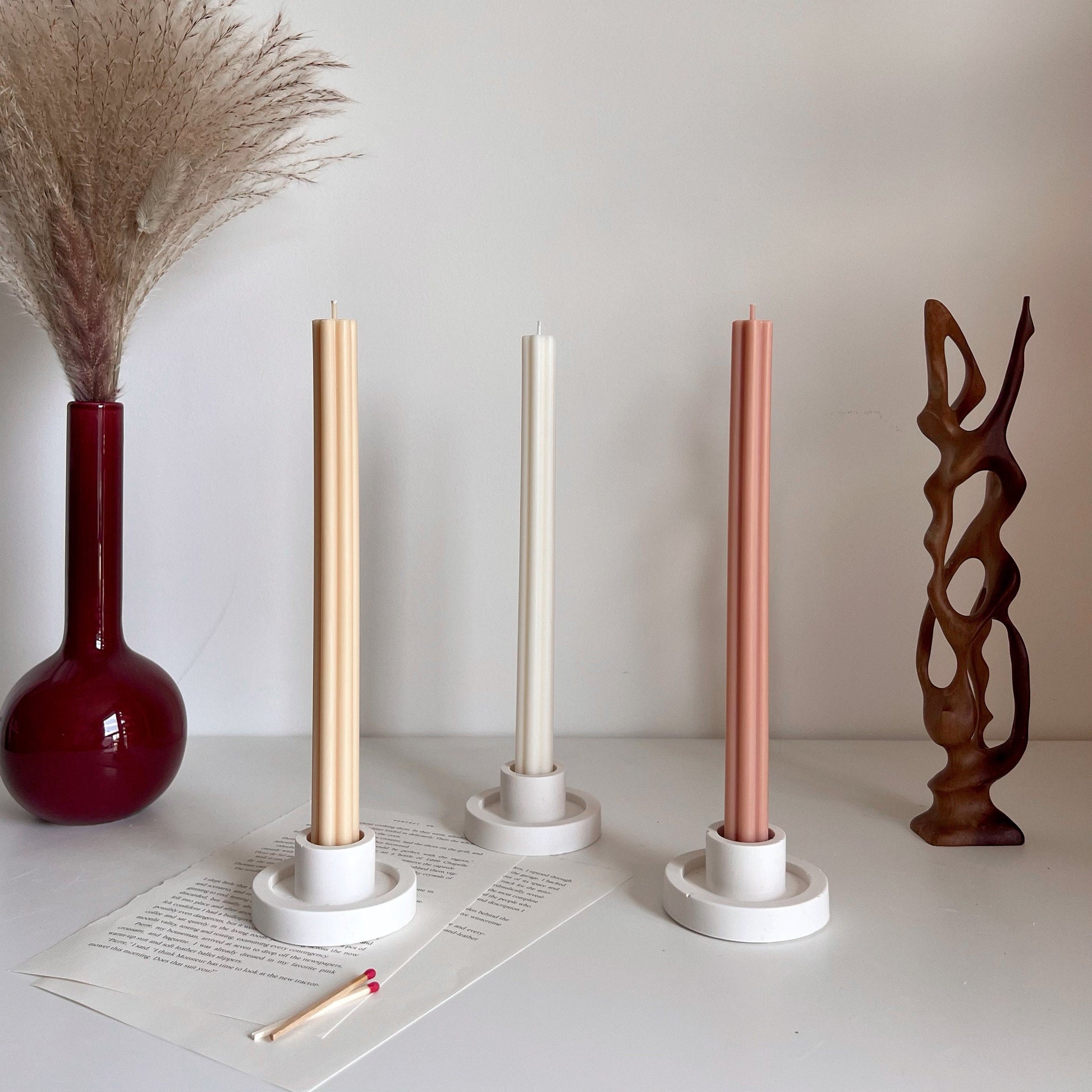 Handmade Ribbed Taper Candle: Pastel Unscented Dinner Candle