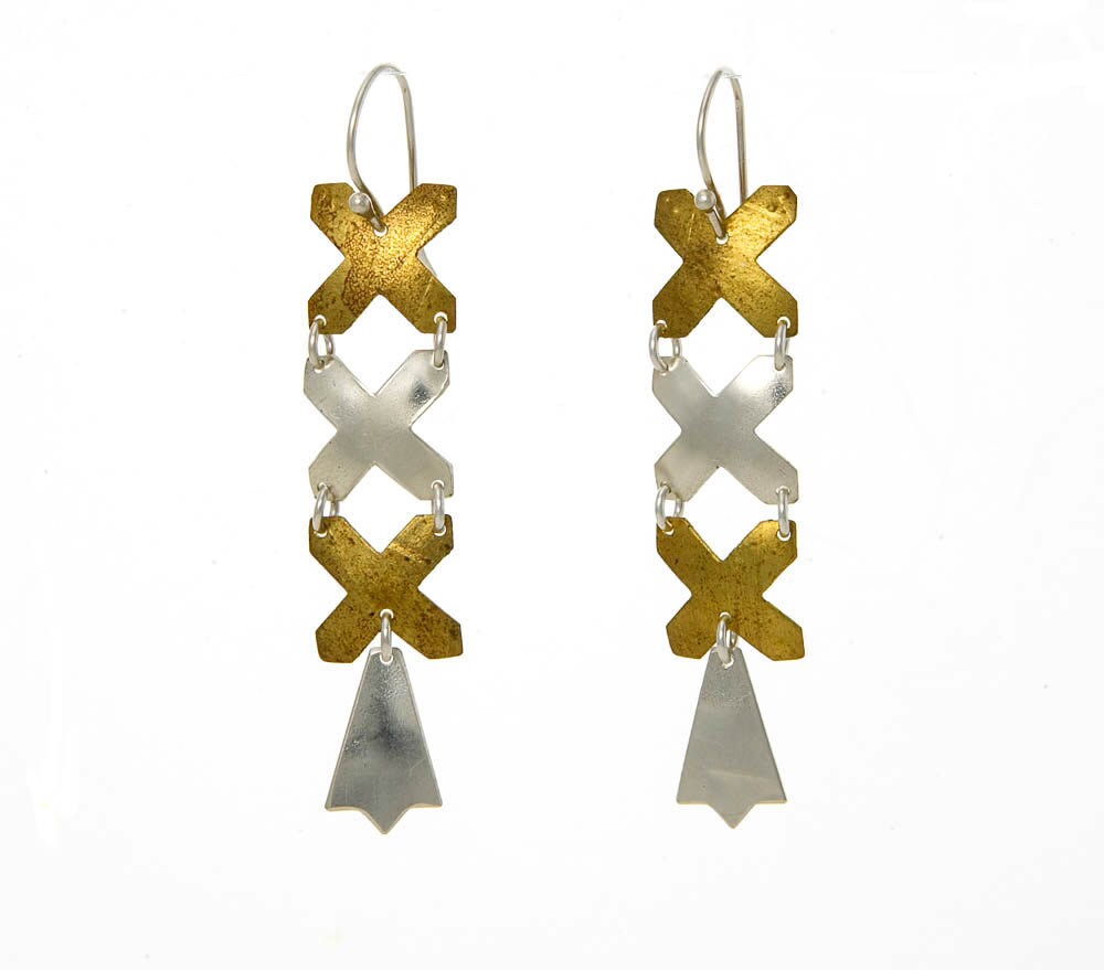 Boucles d'oreilles en argent X, boucles d'oreilles croix en argent et or, boucles d'oreilles 3 baisers, bijoux lettons, boucles d'oreilles tendance,