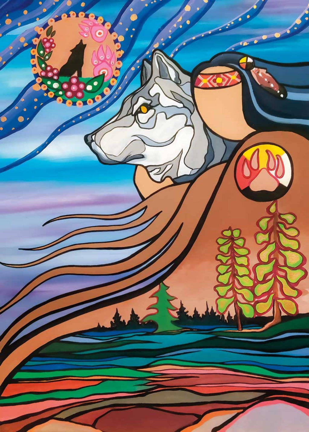 Médecine du loup par Pam Cailloux, carte d'art autochtone, carte d'art encadrée, artiste métisse