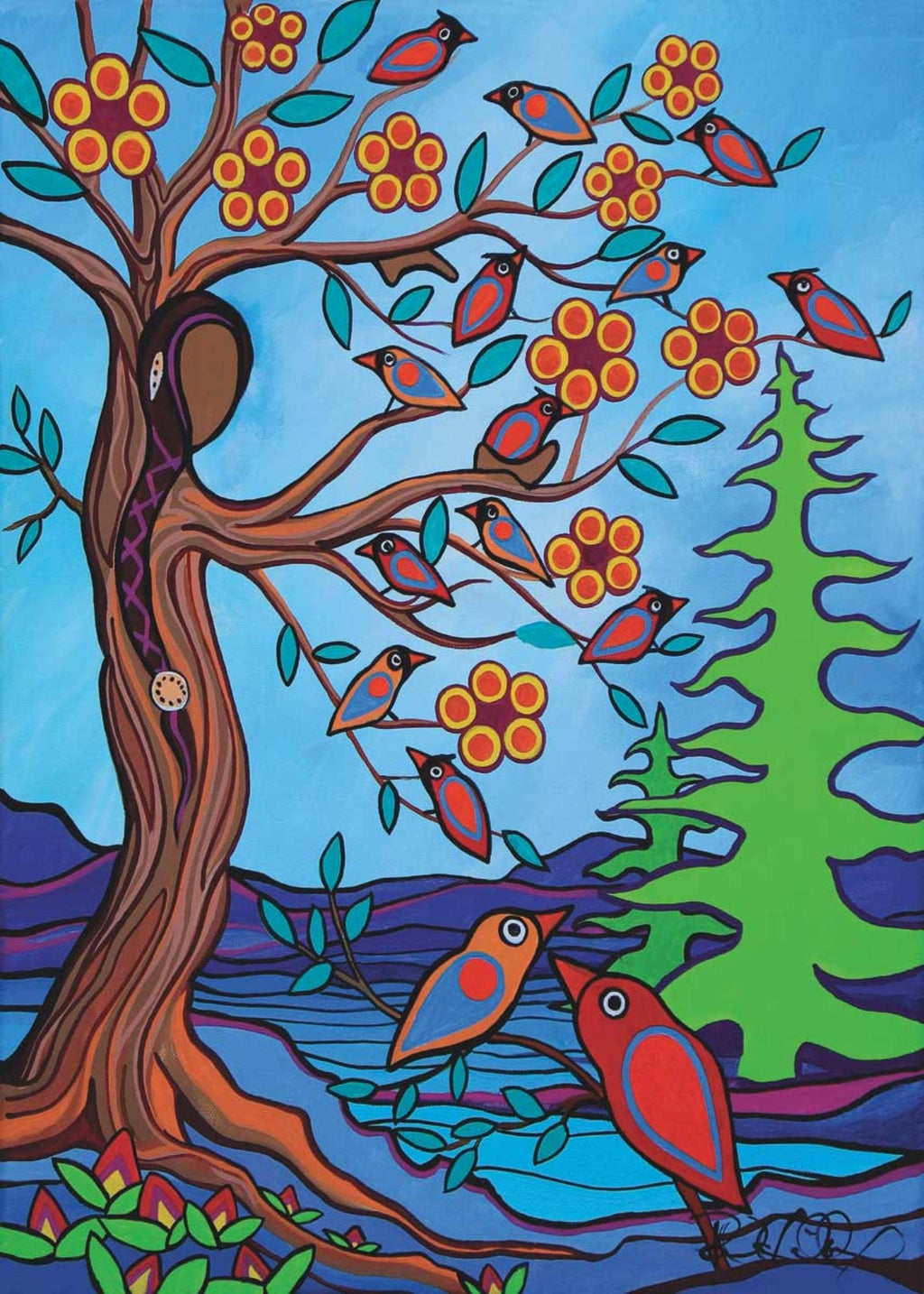 Mother Earth With Her Birds par Pam Cailloux, carte d'art autochtone, carte d'art encadrée, artiste métisse