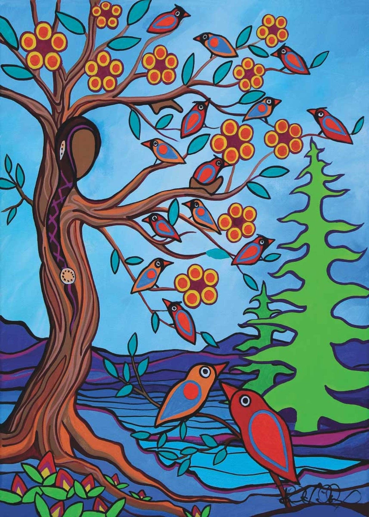 Mother Earth With Her Birds par Pam Cailloux, carte d'art autochtone, carte d'art encadrée, artiste métisse