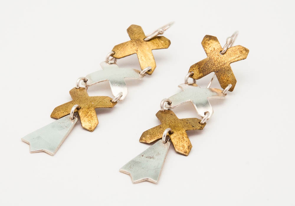 Boucles d'oreilles en argent X, boucles d'oreilles croix en argent et or, boucles d'oreilles 3 baisers, bijoux lettons, boucles d'oreilles tendance,