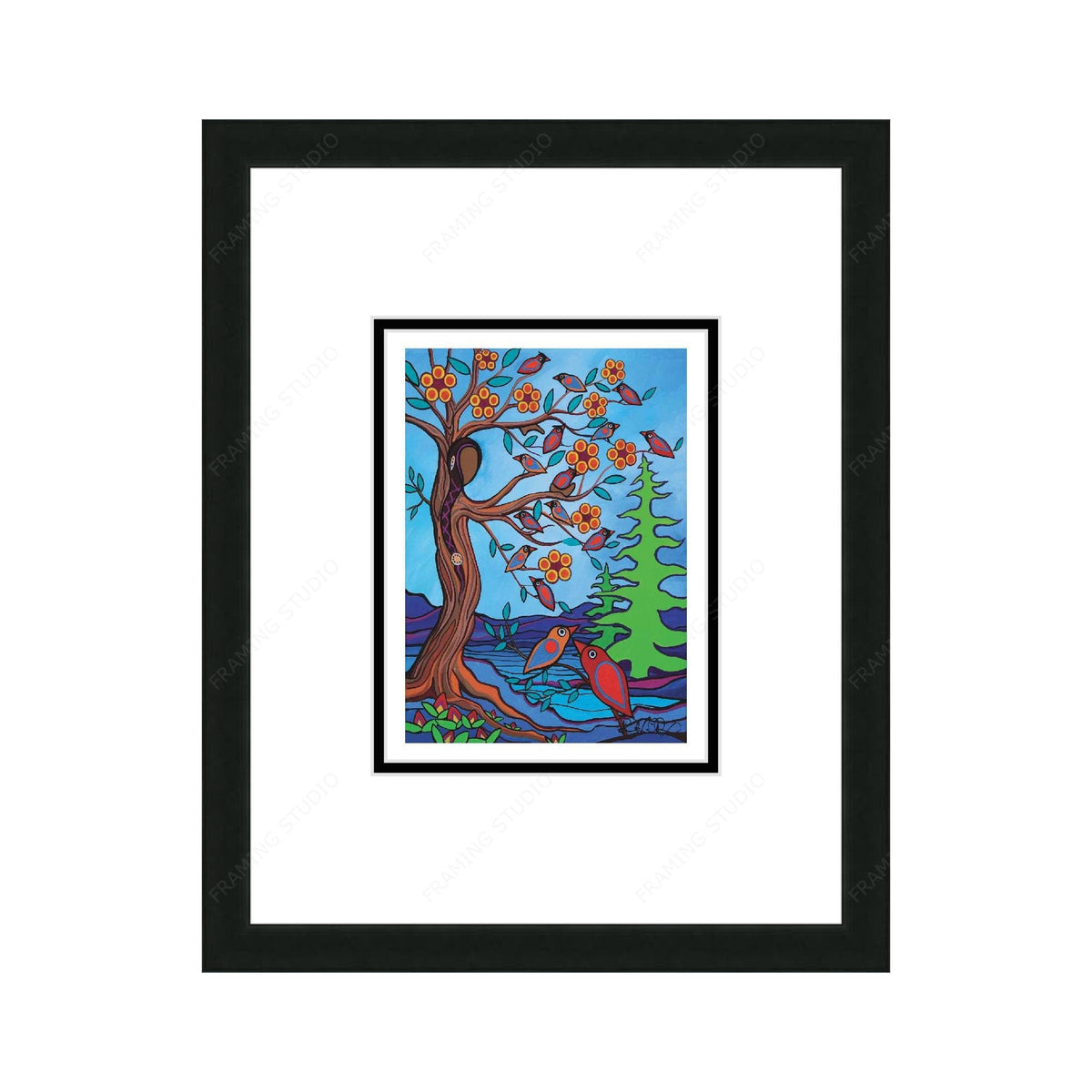 Mother Earth With Her Birds par Pam Cailloux, carte d'art autochtone, carte d'art encadrée, artiste métisse