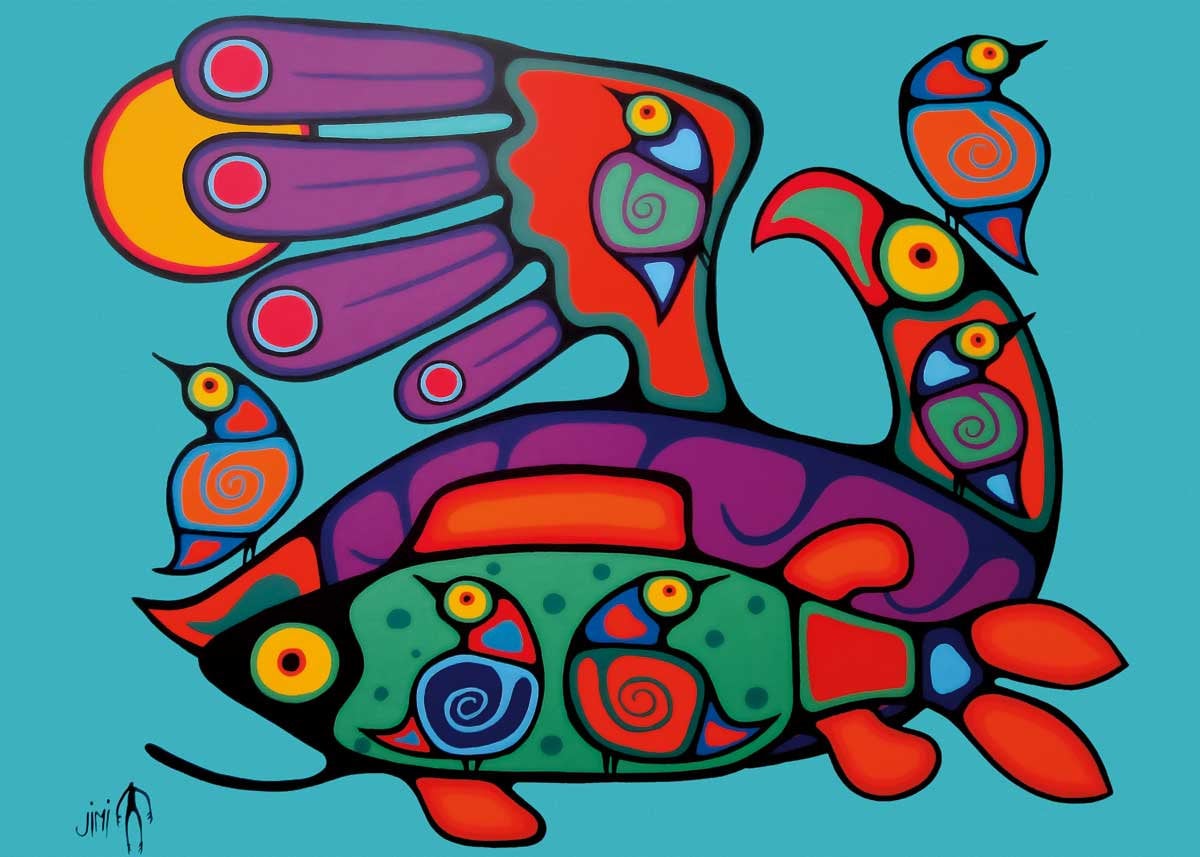 Birds And Fish by Jim Oskineegish Indigenous Art Print, First Nations, Ahnisnabae Culture, Native American Indian Decor