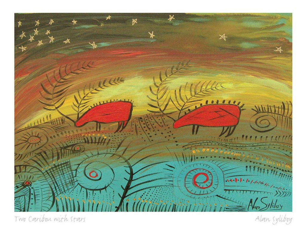 Deux caribous avec des étoiles par Alan Syliboy, carte d'art autochtone, carte d'art encadrée, artiste Mi'kmaq