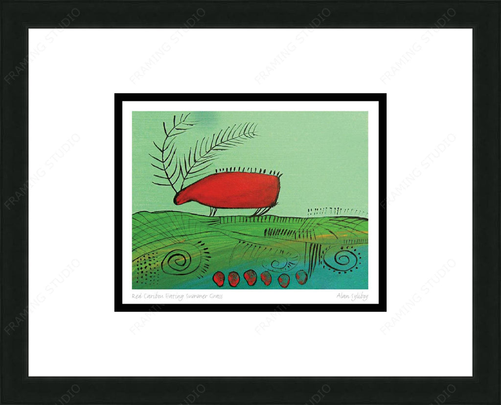 Caribou rouge broutant l'herbe d'été par Alan Syliboy, carte d'art autochtone, carte d'art encadrée, artiste mi'kmaq