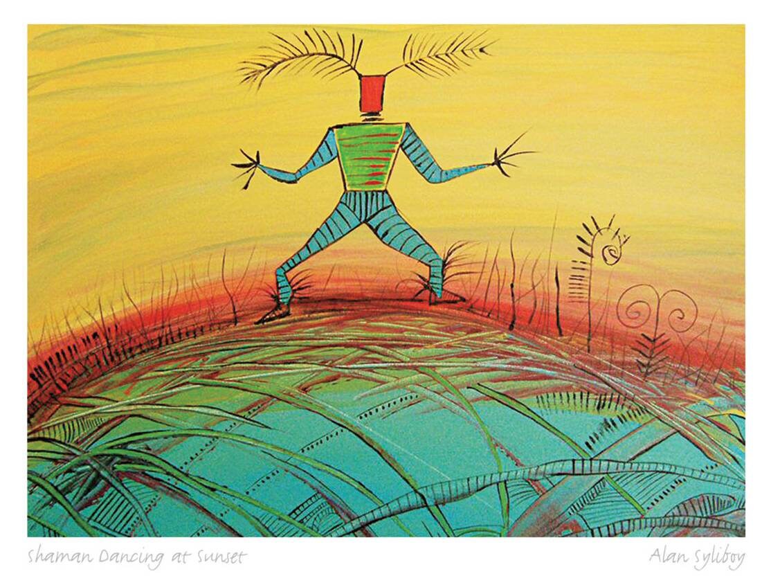 Chaman dansant au coucher du soleil par Alan Syliboy, carte d'art autochtone, carte d'art encadrée, artiste mi'kmaq