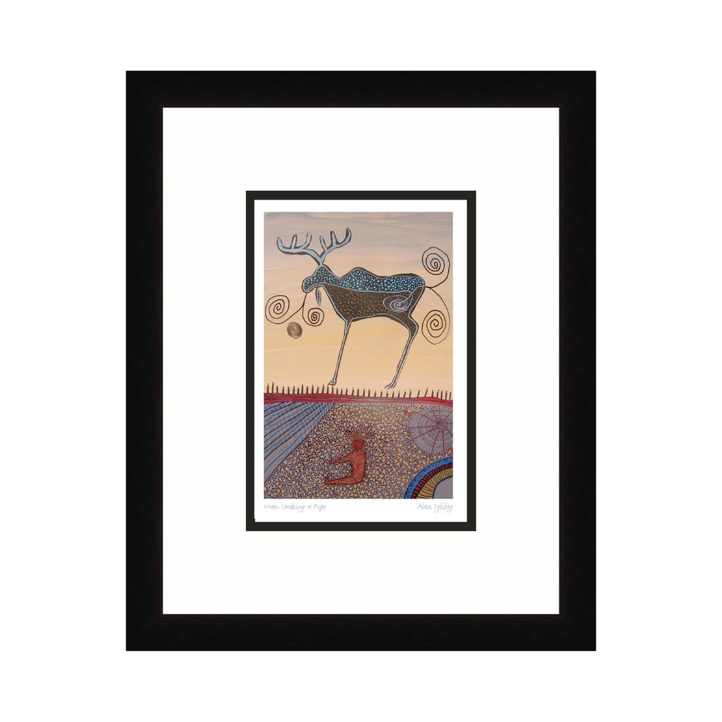 Homme fumant la pipe par Alan Syliboy, carte d'art autochtone, carte d'art encadrée, artiste mi'kmaq